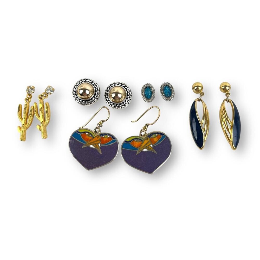 Lot 5 Pair Earrings Blue Gold Tone Festival Dangle Pierced Boho Chic Some Signed